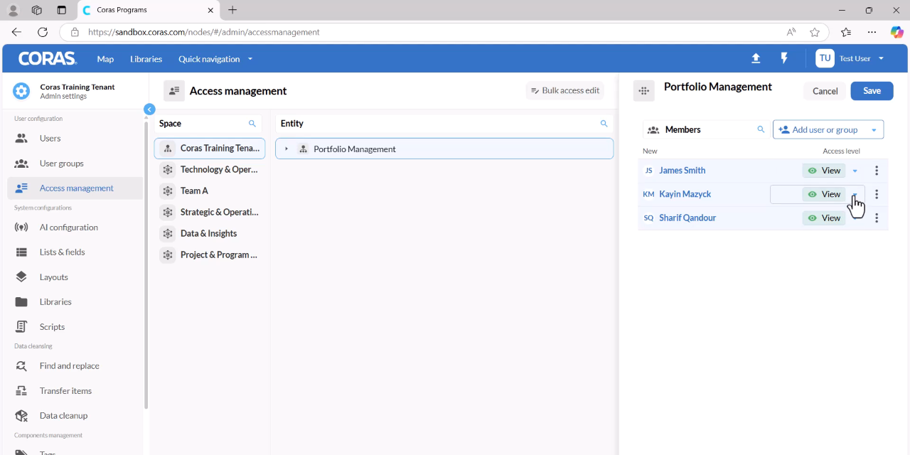 Access level options showing View, Manage, and Edit