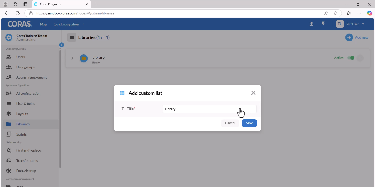 Add new library dialog with title field