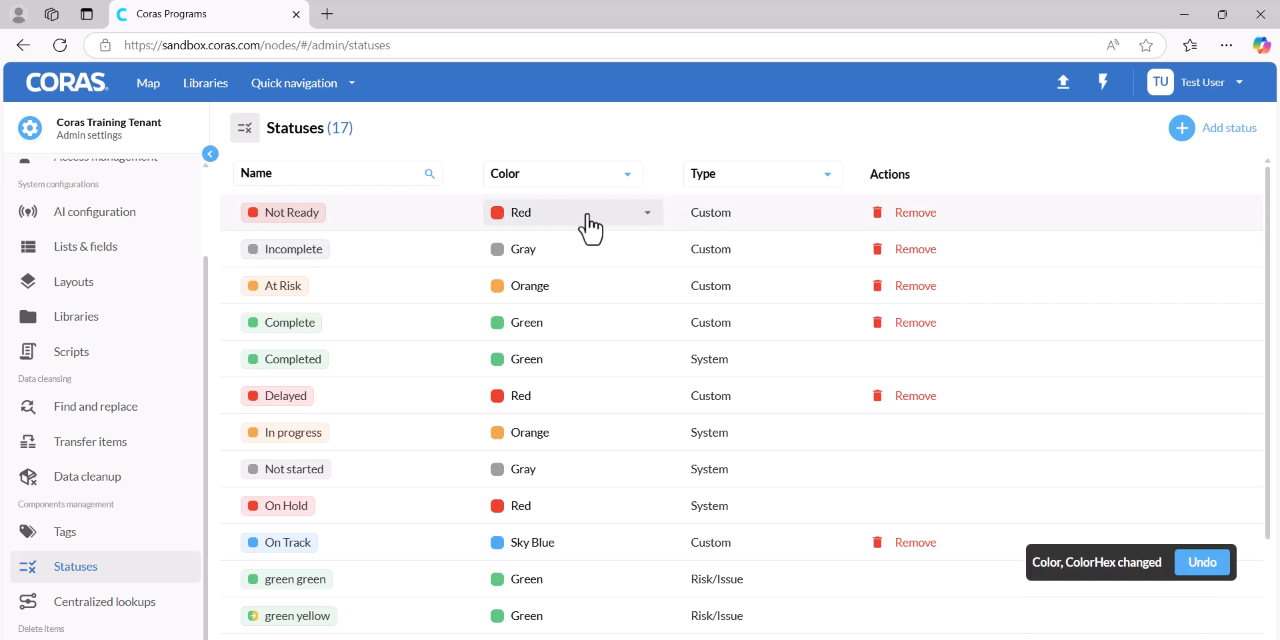 Color picker dropdown for assigning a color to a status