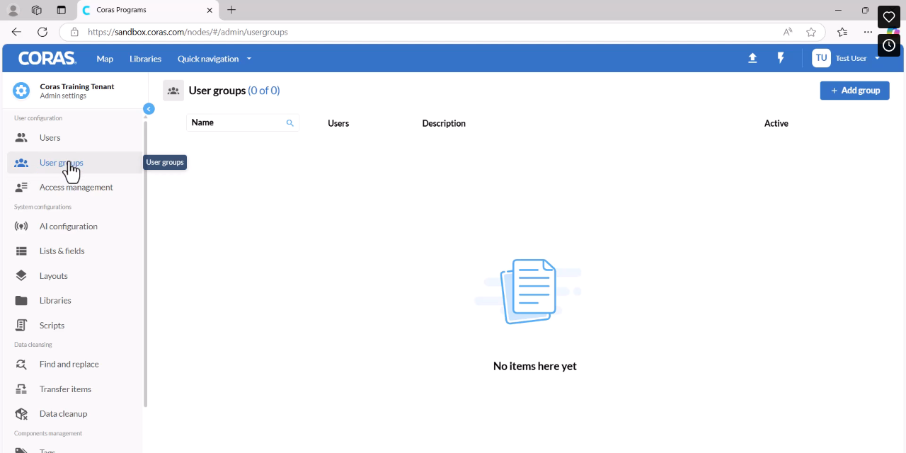 Admin Settings page with User Groups selected in the left panel