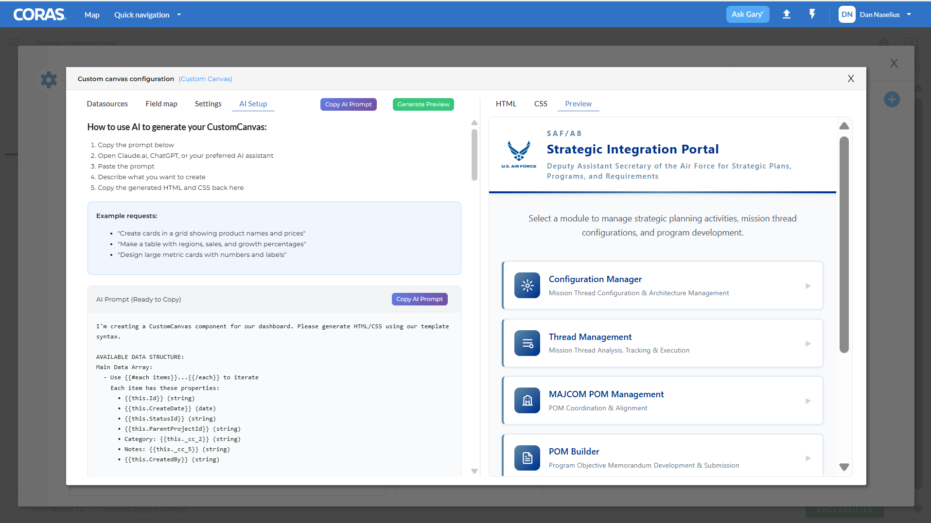 CORAS Custom Canvas configuration showing AI-generated HTML/CSS preview of a Strategic Integration Portal