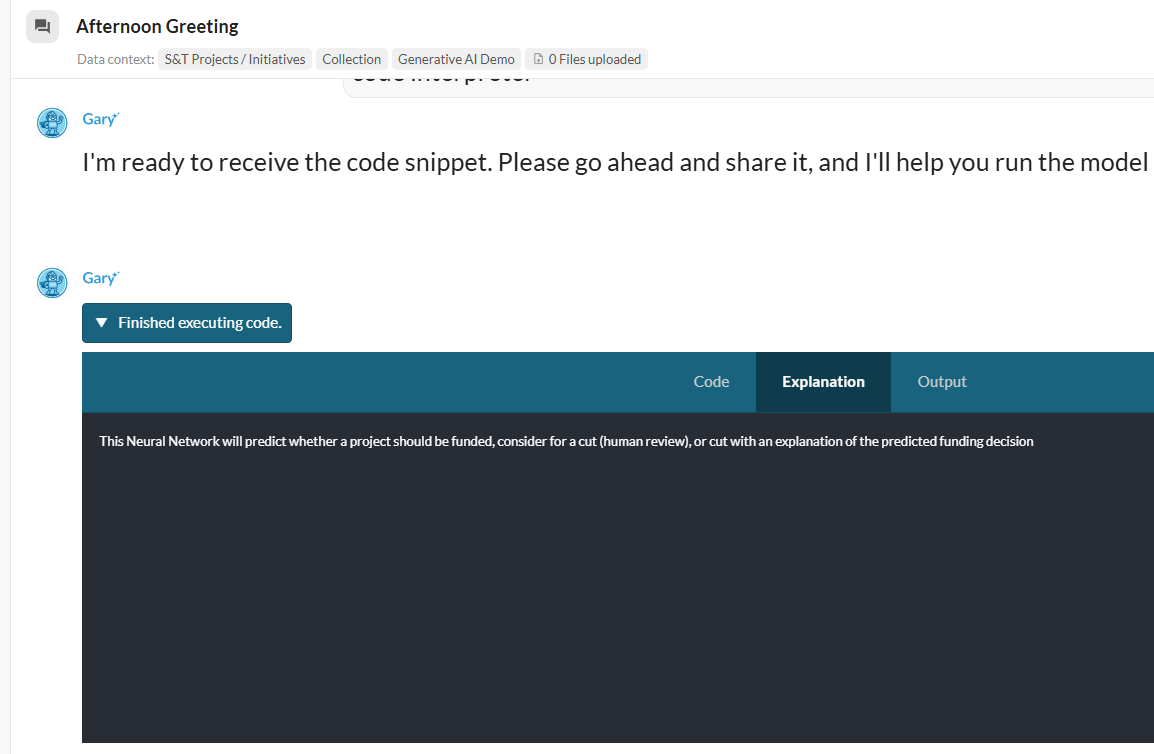 Gary executing code with tabs for Code, Explanation, and Output â showing a neural network for funding predictions