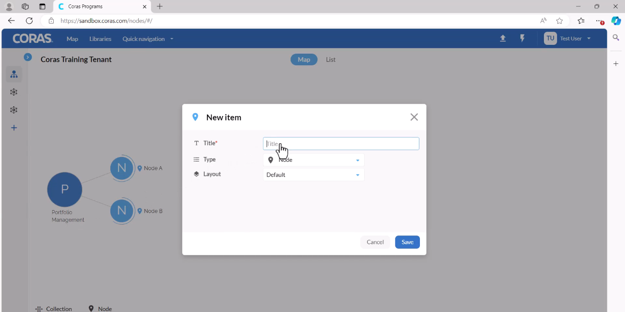 Selecting the plus sign on the root to add a new item