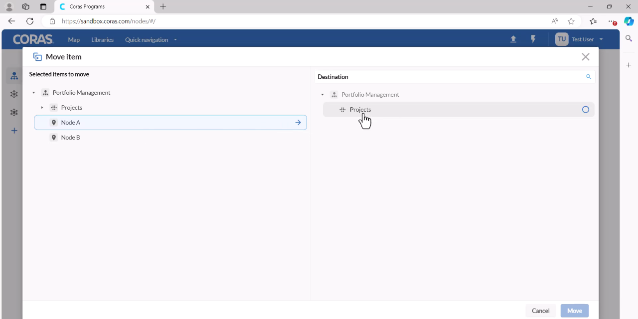 Selecting the source node and destination collection in the move dialog