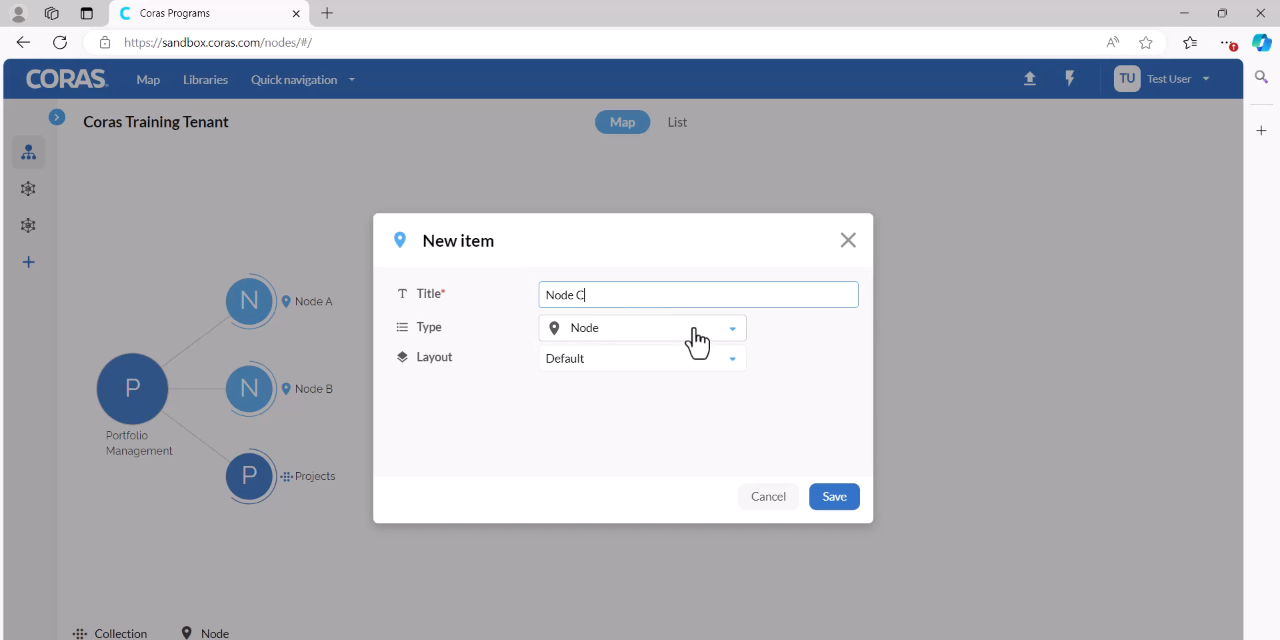 Selecting the plus sign on a collection to add a node